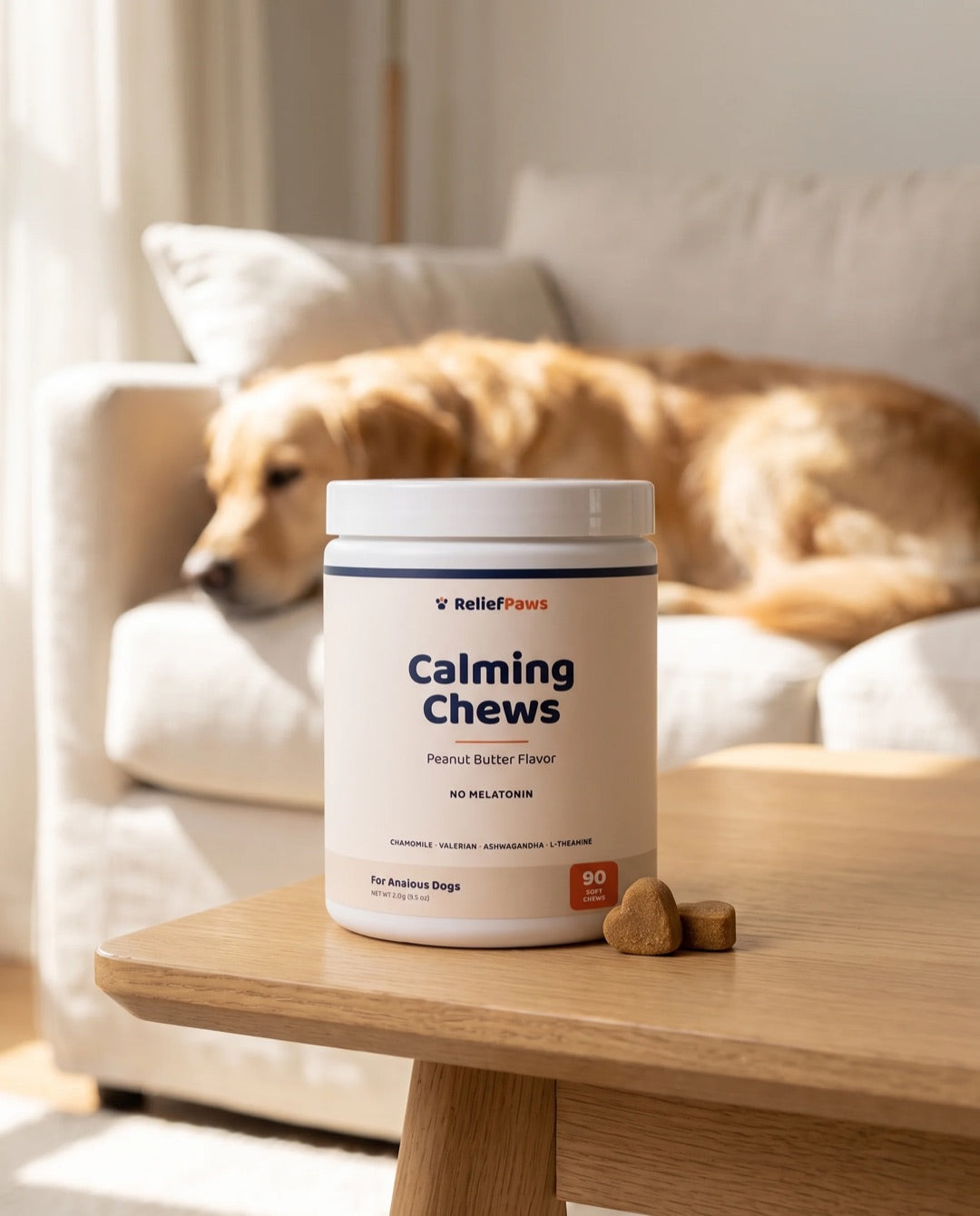 ReliefPaws Calming Chews jar on a coffee table with a calm golden retriever resting on the couch behind it
