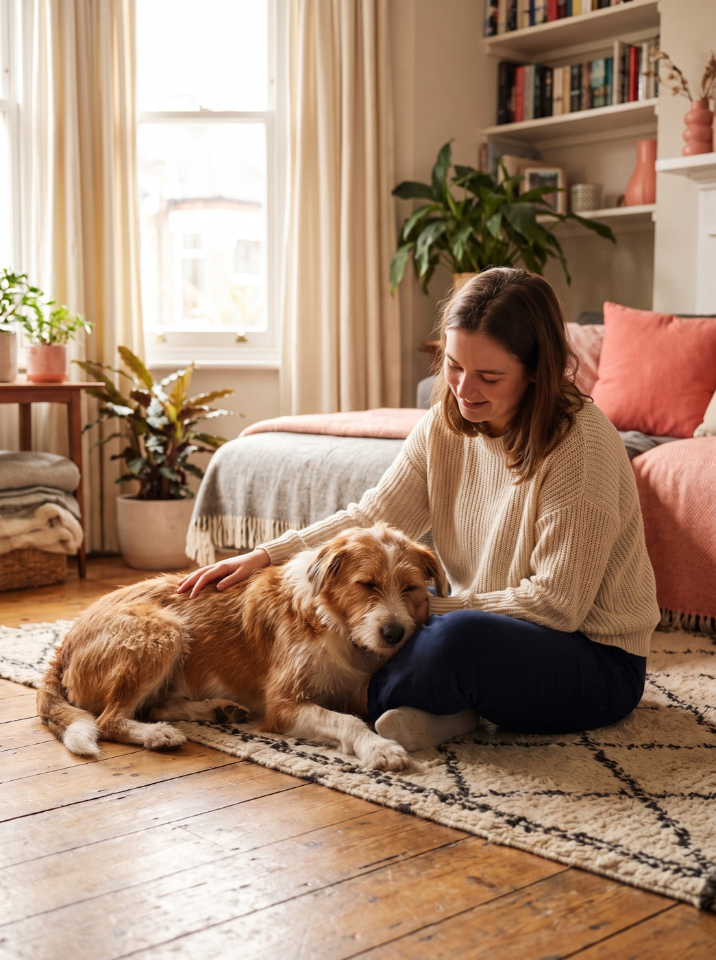 Owner calmly bonding with their rescue dog at home
