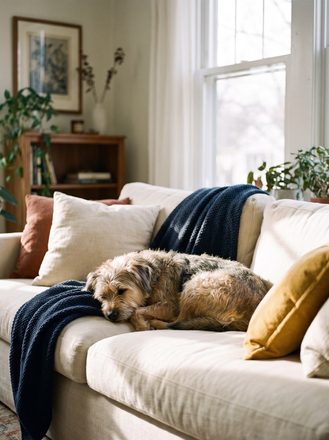 A calm, settled dog resting at home