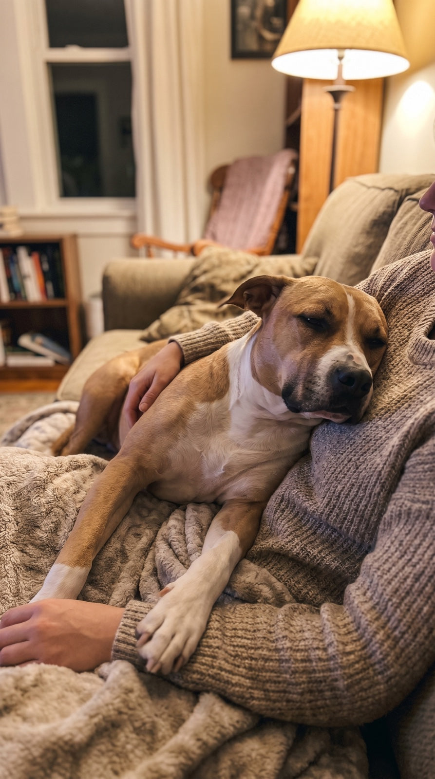 A rescue dog fully relaxed and snuggled against their owner at home